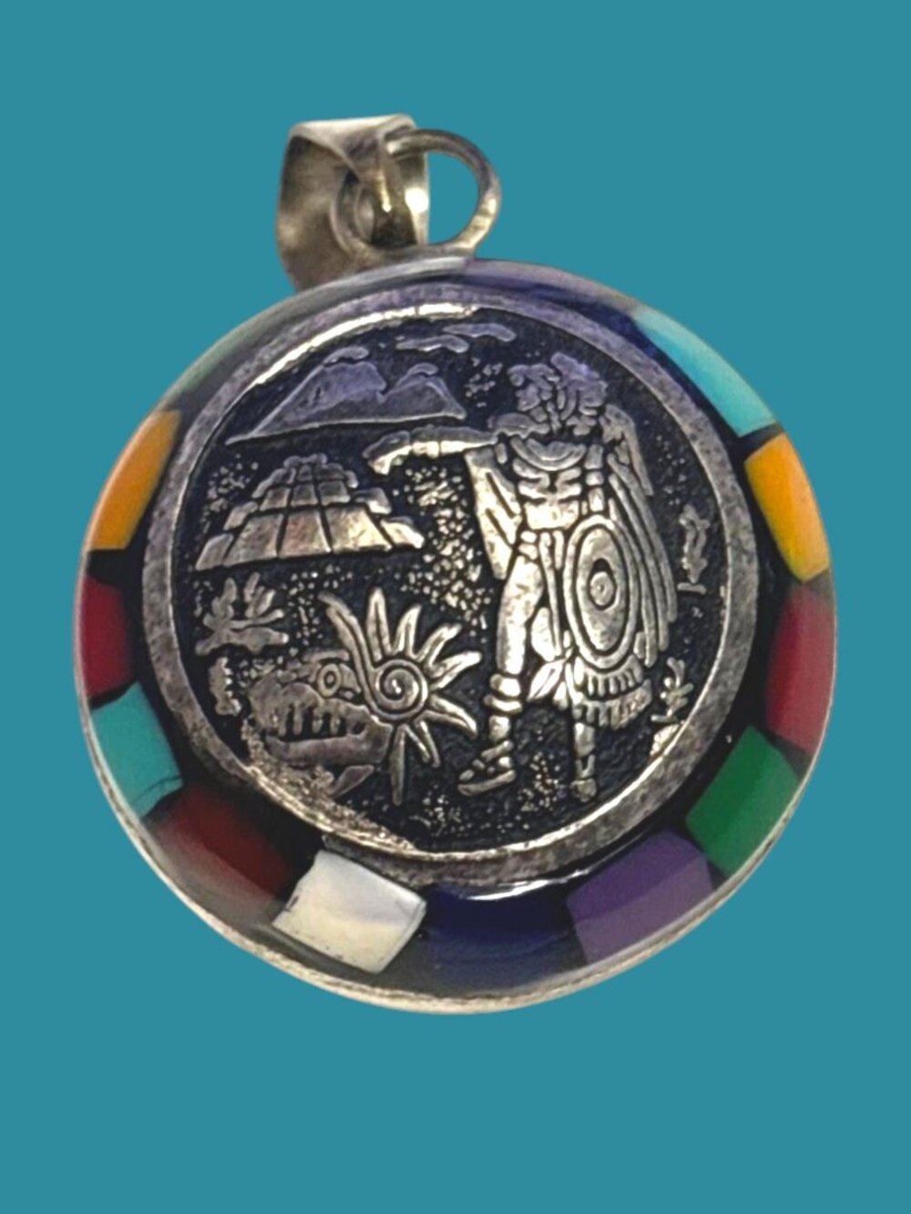 Mexican Aztec Calendar Double Sided Silver Pendant Harmony Ball with Bell